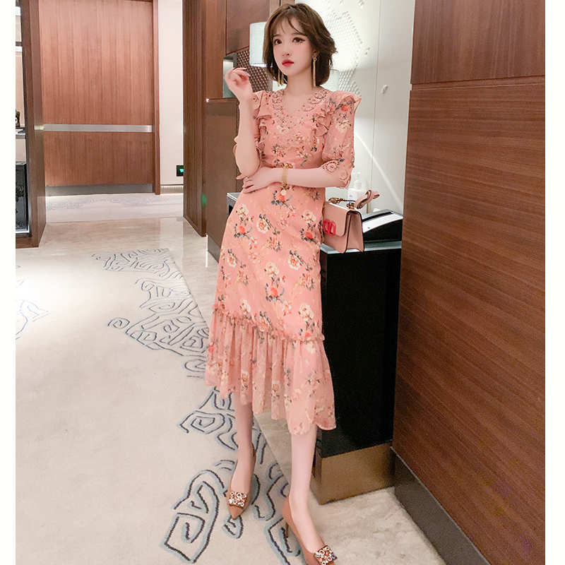 カットワークレースドッキングフリル花柄ワンピース