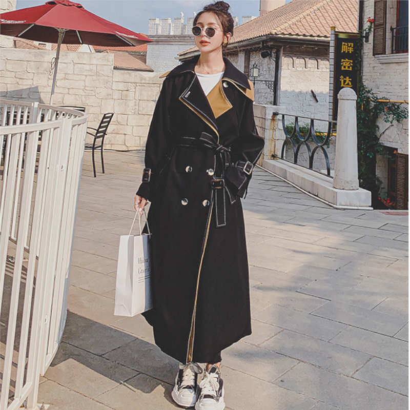 レイヤード風ステッチ入りロングトレンチコート