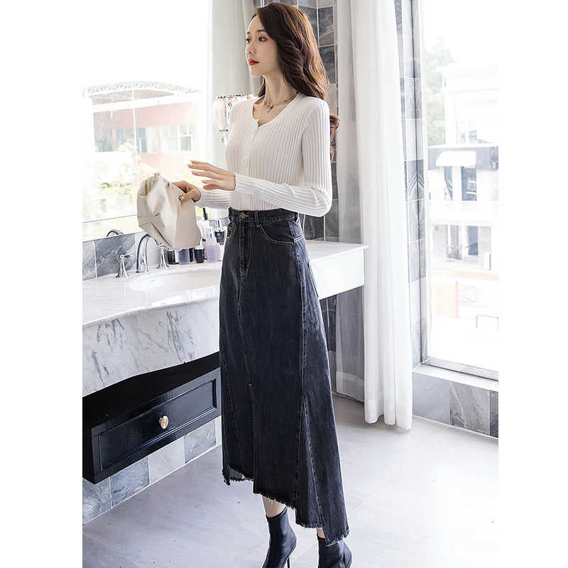 イレヘムカットオフフロントスリットデニムスカート
