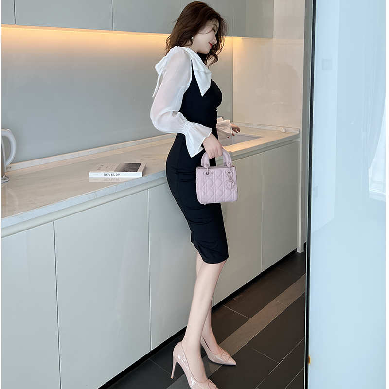 異素材スリーブコンシャスアシメスリットワンピース