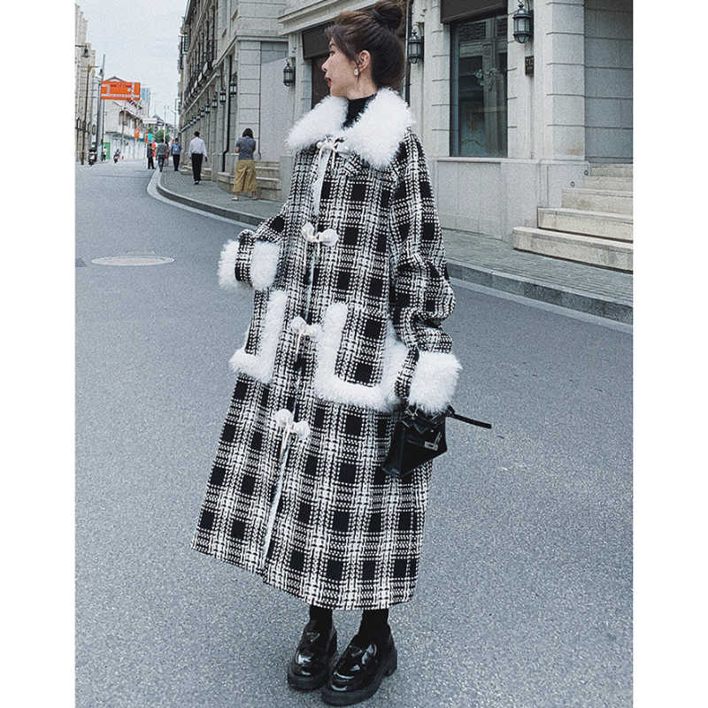 ファーコンビチェック柄ロングコート