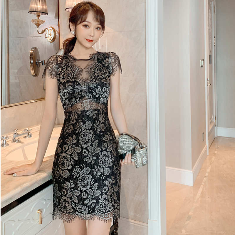 ラメ総レースシアースカラップミニワンピース