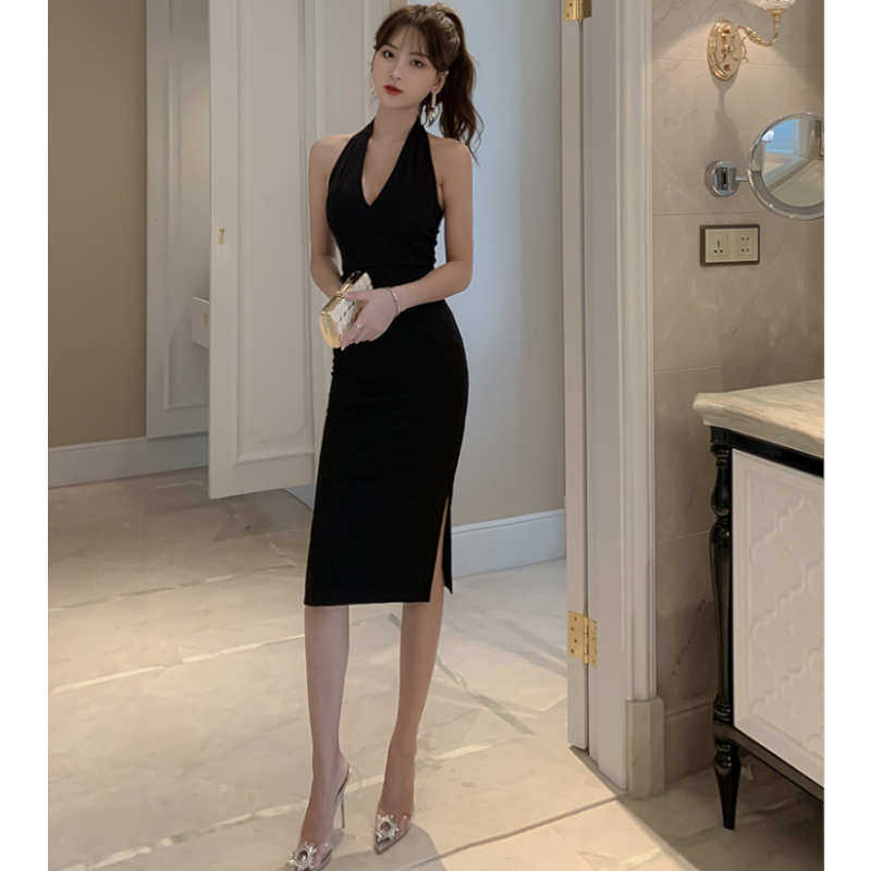 サイドスリットカシュクールホルターネックワンピース