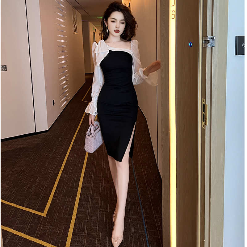 異素材スリーブコンシャスアシメスリットワンピース