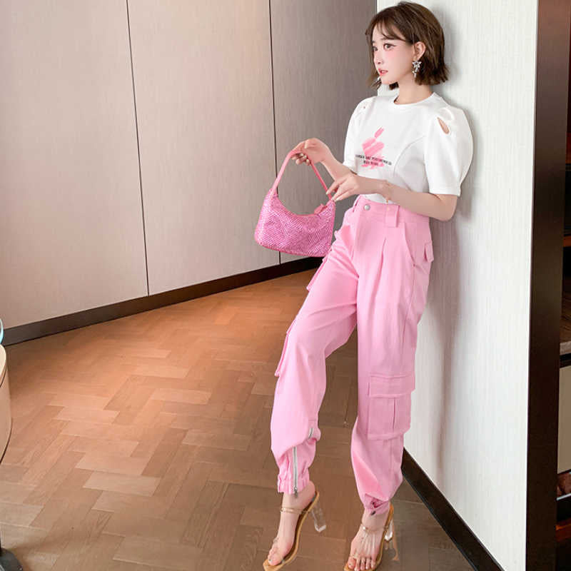 オープンショルダーパフスリーブTシャツ×シャーベットピンクカーゴパンツ【上下別売り可】