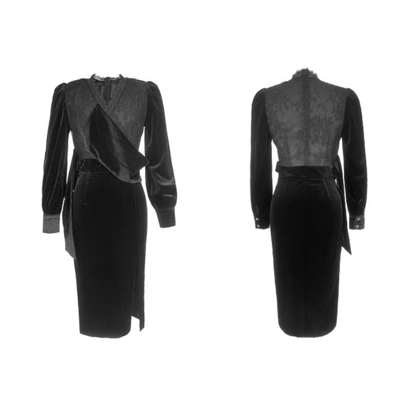 レースコンビネーションスリット入りベロアワンピース