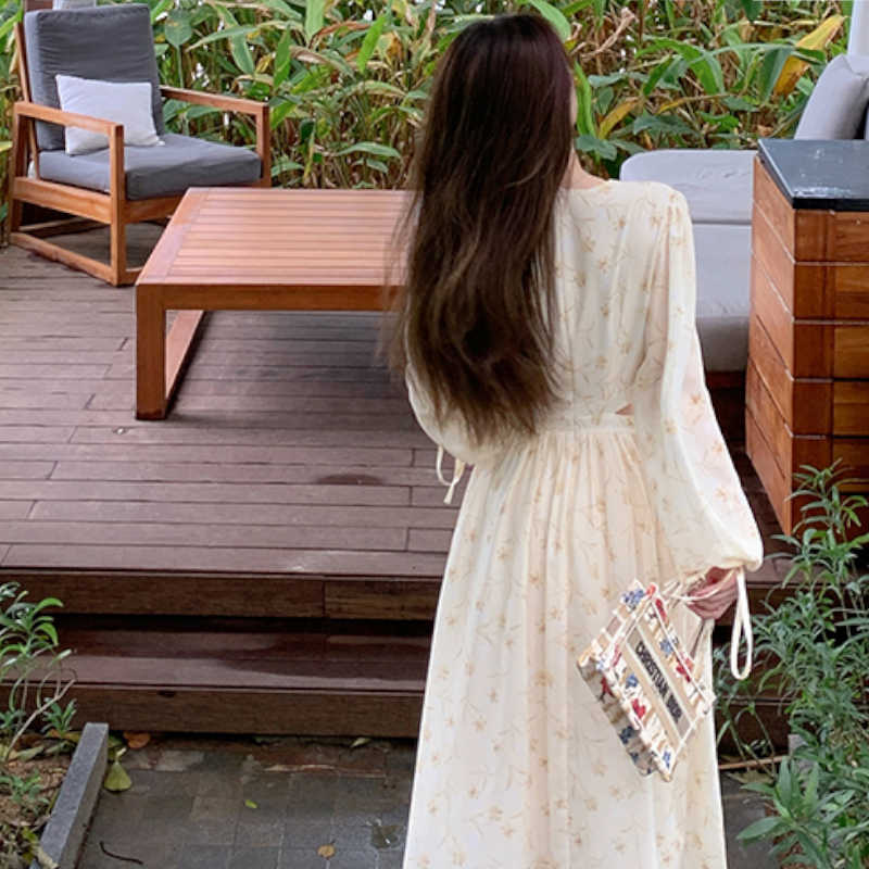 ウエストオープンカシュクール花柄ロングワンピース