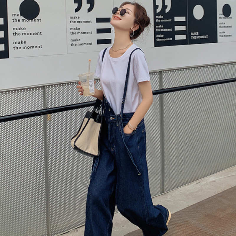 Tシャツ×サスペンダー付きアシメウエストワイドデニムパンツ