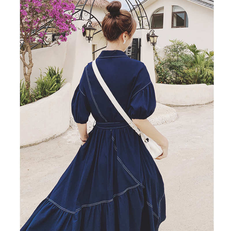 バルーンスリーブアシメティアードシャツワンピース