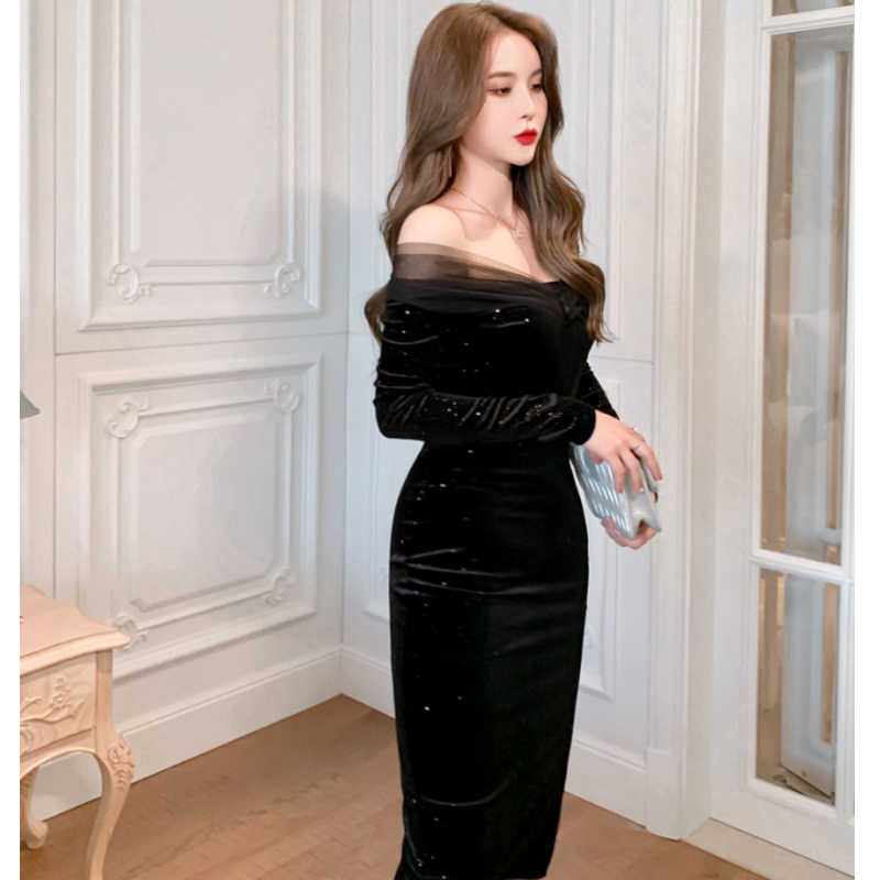 オフショルダーシアーコンビラメベロアペンシルワンピース