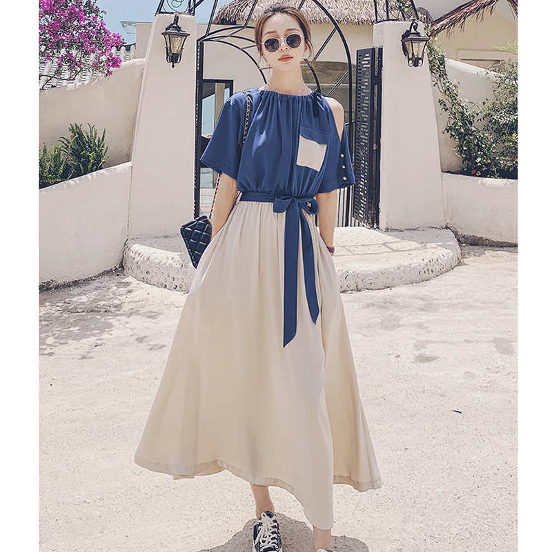 バイカラーウエストリボンギャザーロングワンピース(2colors)