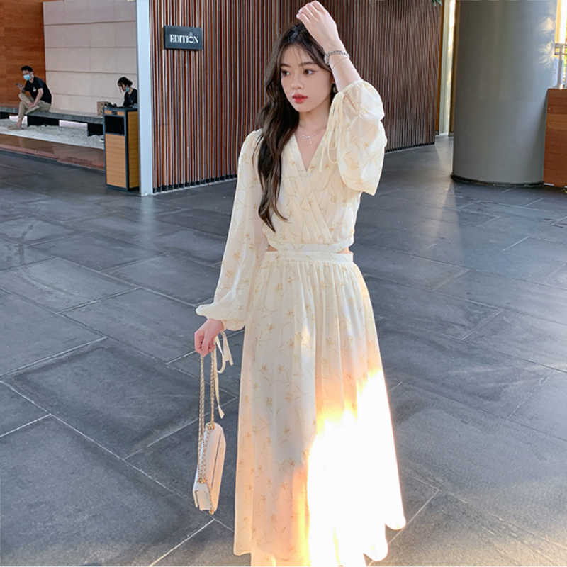 ウエストオープンカシュクール花柄ロングワンピース