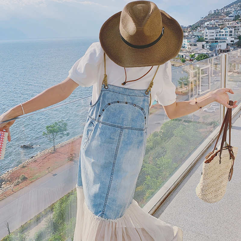 シアーフリルヘムデニムサロペットワンピース