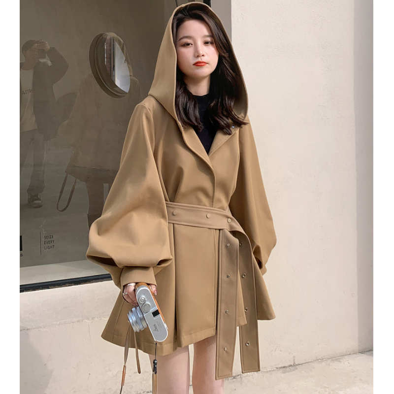 ウエストベルト付きビッグフードフレアミディコート