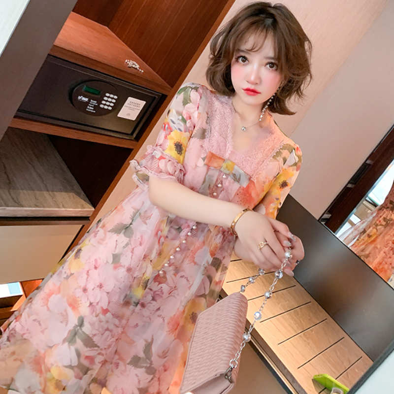 キャミワンピース×レースドッキング花柄シアーフレアワンピース