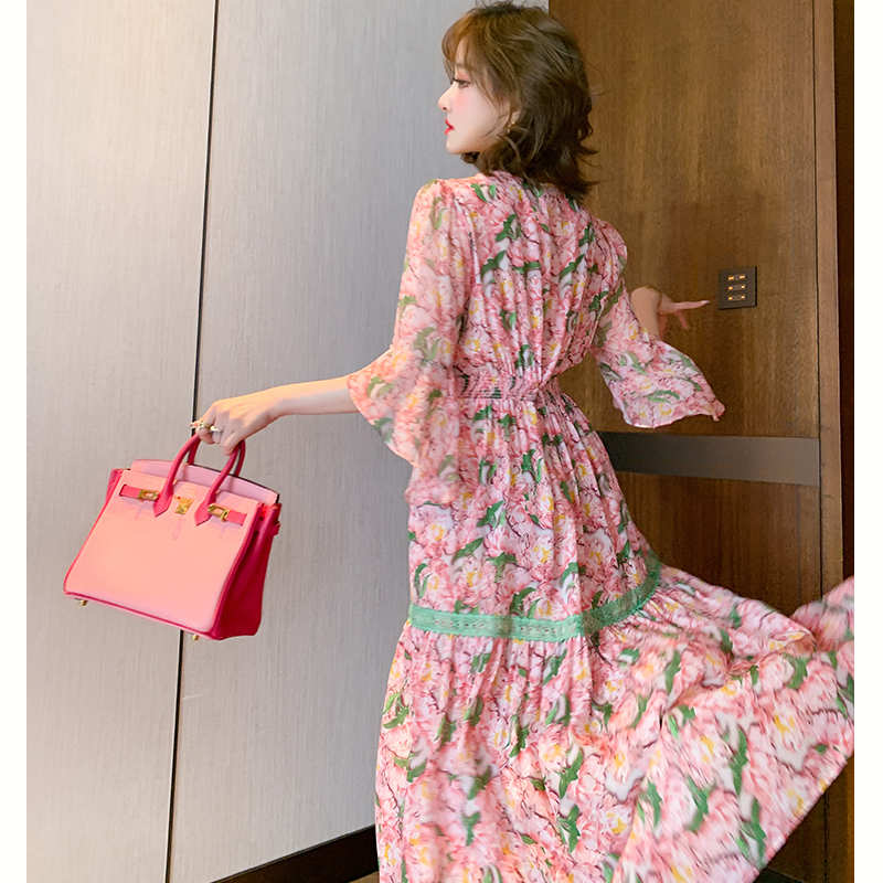 レースドッキングフレアスリーブ花柄ワンピース