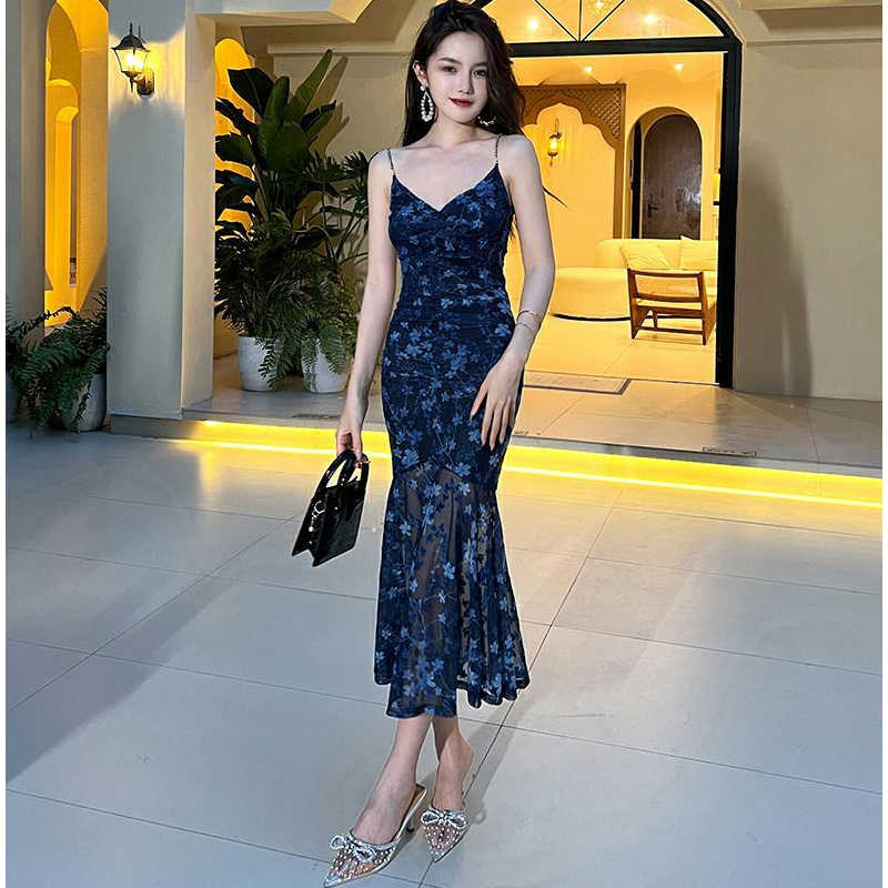 花柄バックオープンマーメイドキャミワンピース