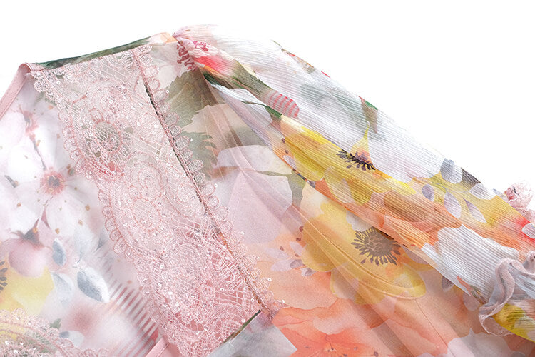 キャミワンピース×レースドッキング花柄シアーフレアワンピース