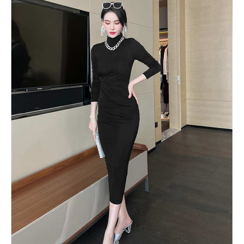 ハイネックウエストギャザーペンシルロングワンピース(3colors)