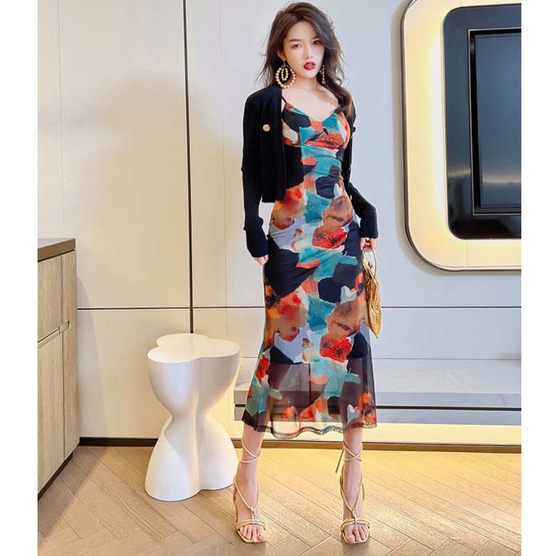 モダンマルチカラープリントマーメイドキャミワンピース