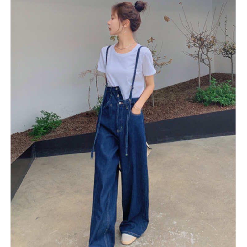 Tシャツ×サスペンダー付きアシメウエストワイドデニムパンツ