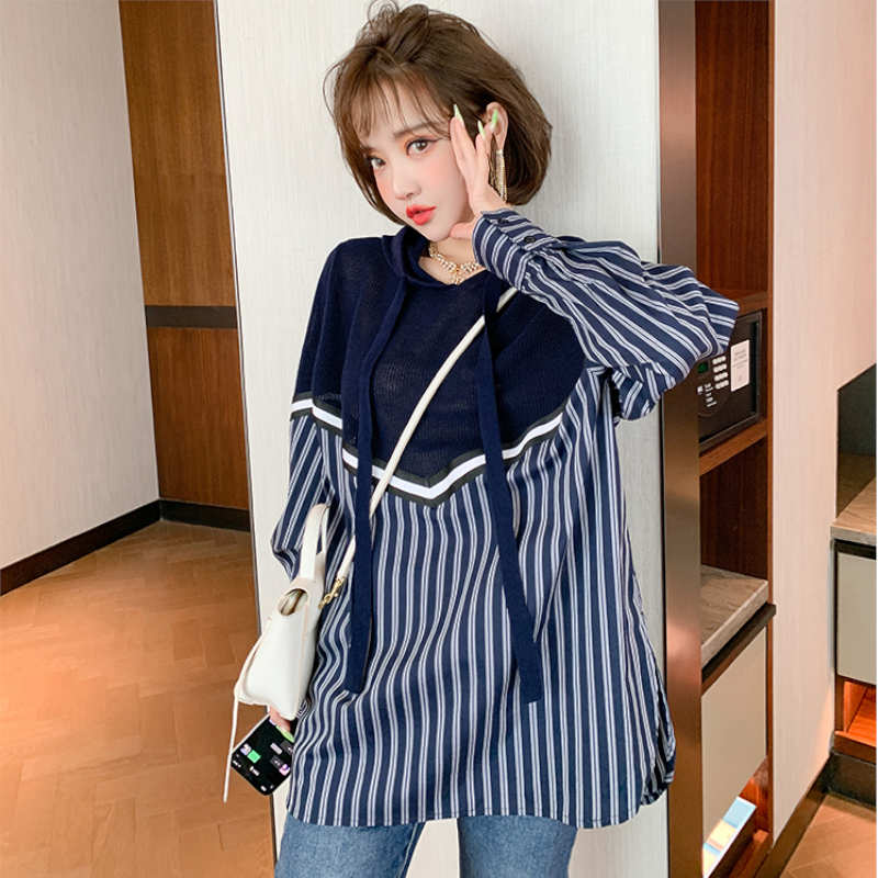 異素材ストライプニットフーディー×ラインストーン付ツートーンデニムパンツ【上下別売り可】
