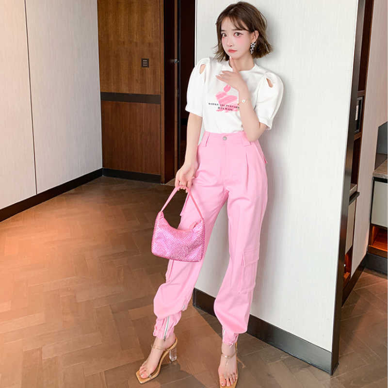 オープンショルダーパフスリーブTシャツ×シャーベットピンクカーゴパンツ【上下別売り可】