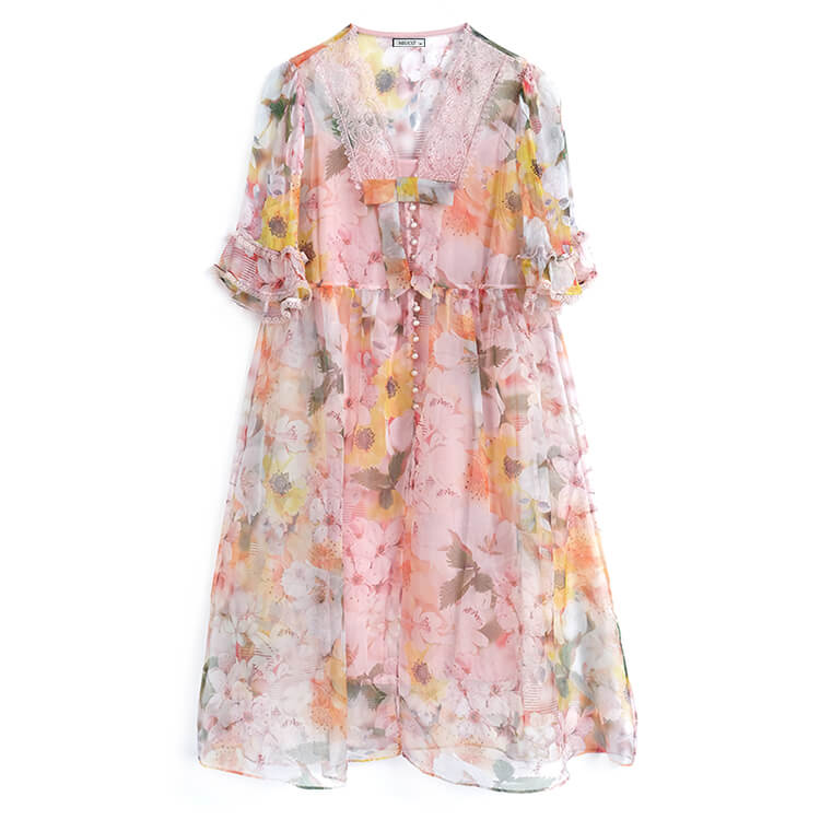 キャミワンピース×レースドッキング花柄シアーフレアワンピース