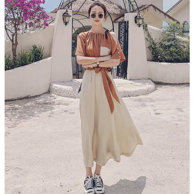 バイカラーウエストリボンギャザーロングワンピース(2colors)