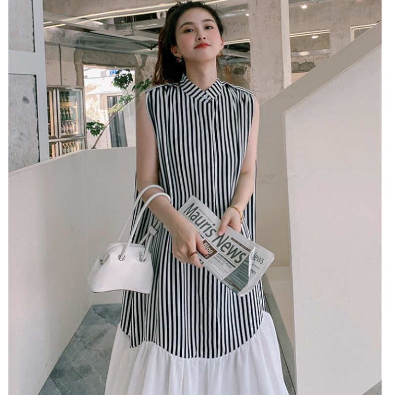 シアーフリルヘムストライプノースリーブワンピース