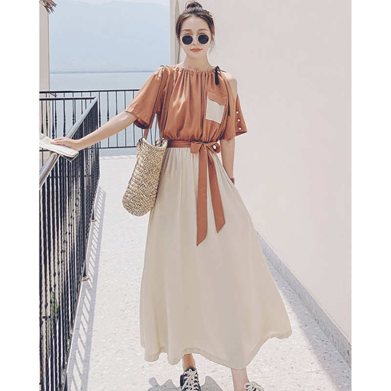 バイカラーウエストリボンギャザーロングワンピース(2colors)