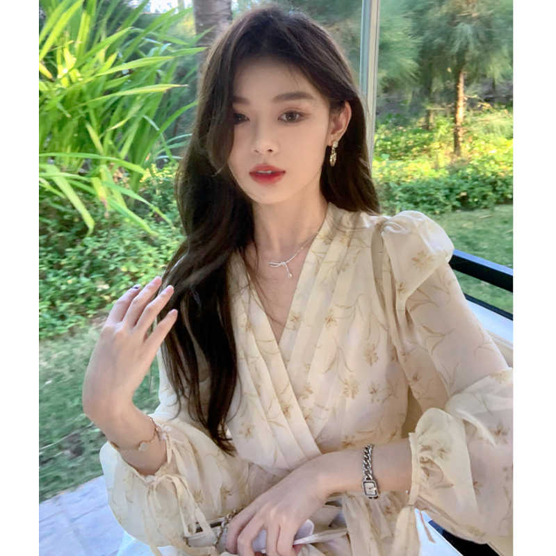 ウエストオープンカシュクール花柄ロングワンピース