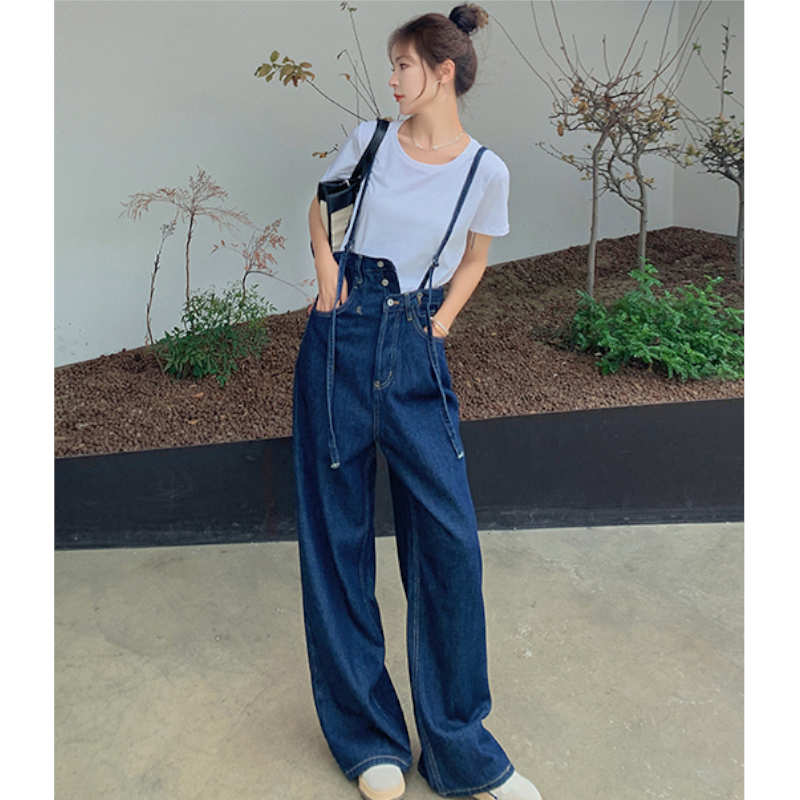 Tシャツ×サスペンダー付きアシメウエストワイドデニムパンツ