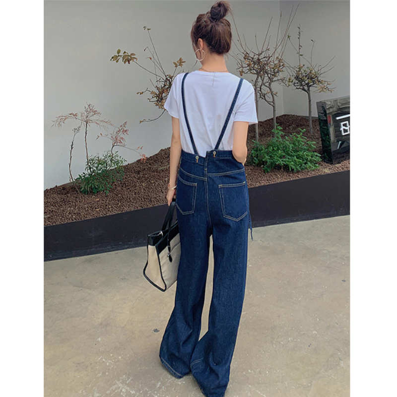 Tシャツ×サスペンダー付きアシメウエストワイドデニムパンツ