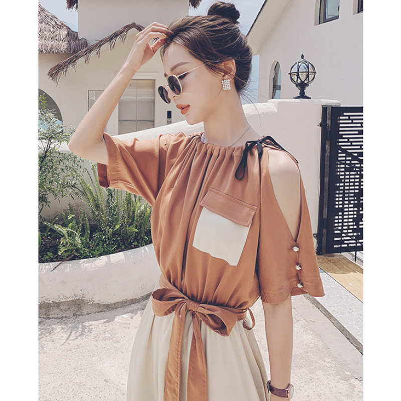 バイカラーウエストリボンギャザーロングワンピース(2colors)