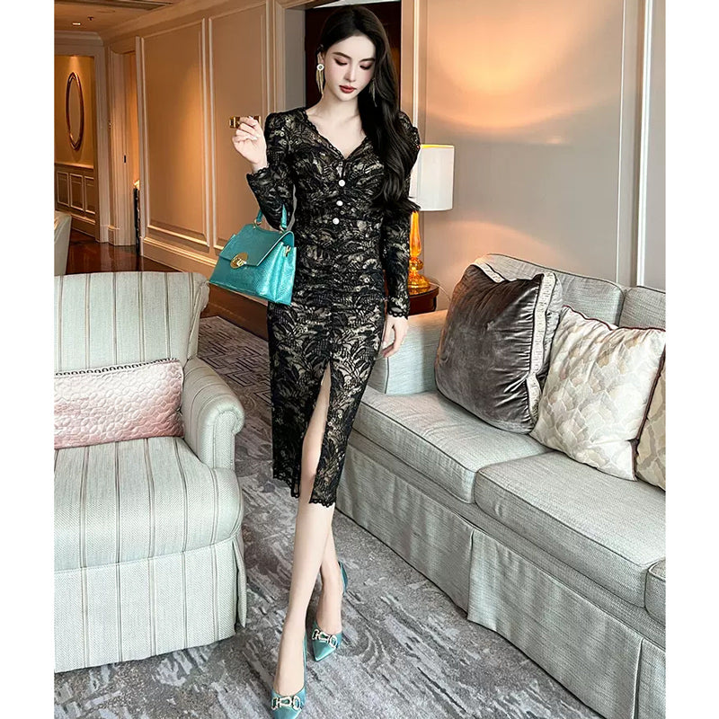 Vネックタイト総レーススリットワンピース