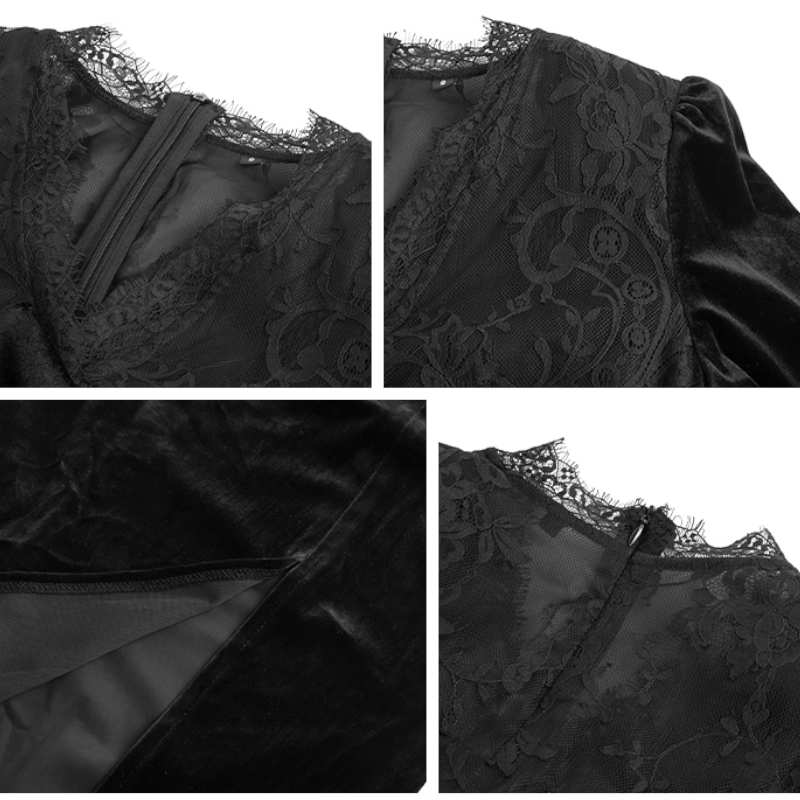 レースコンビネーションスリット入りベロアワンピース