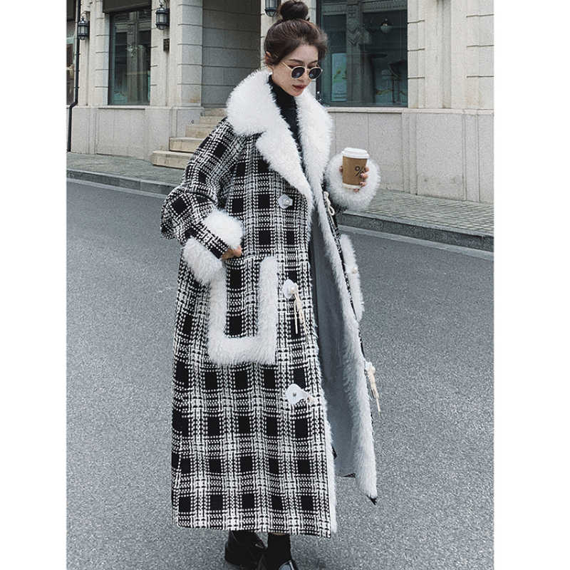 ファーコンビチェック柄ロングコート