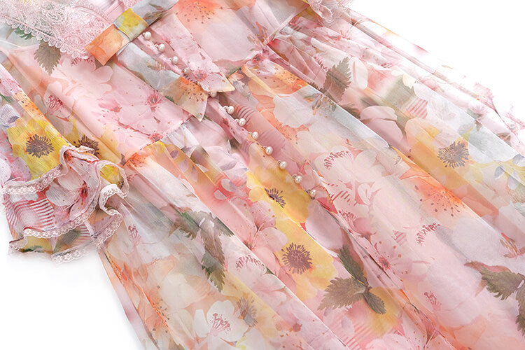 キャミワンピース×レースドッキング花柄シアーフレアワンピース