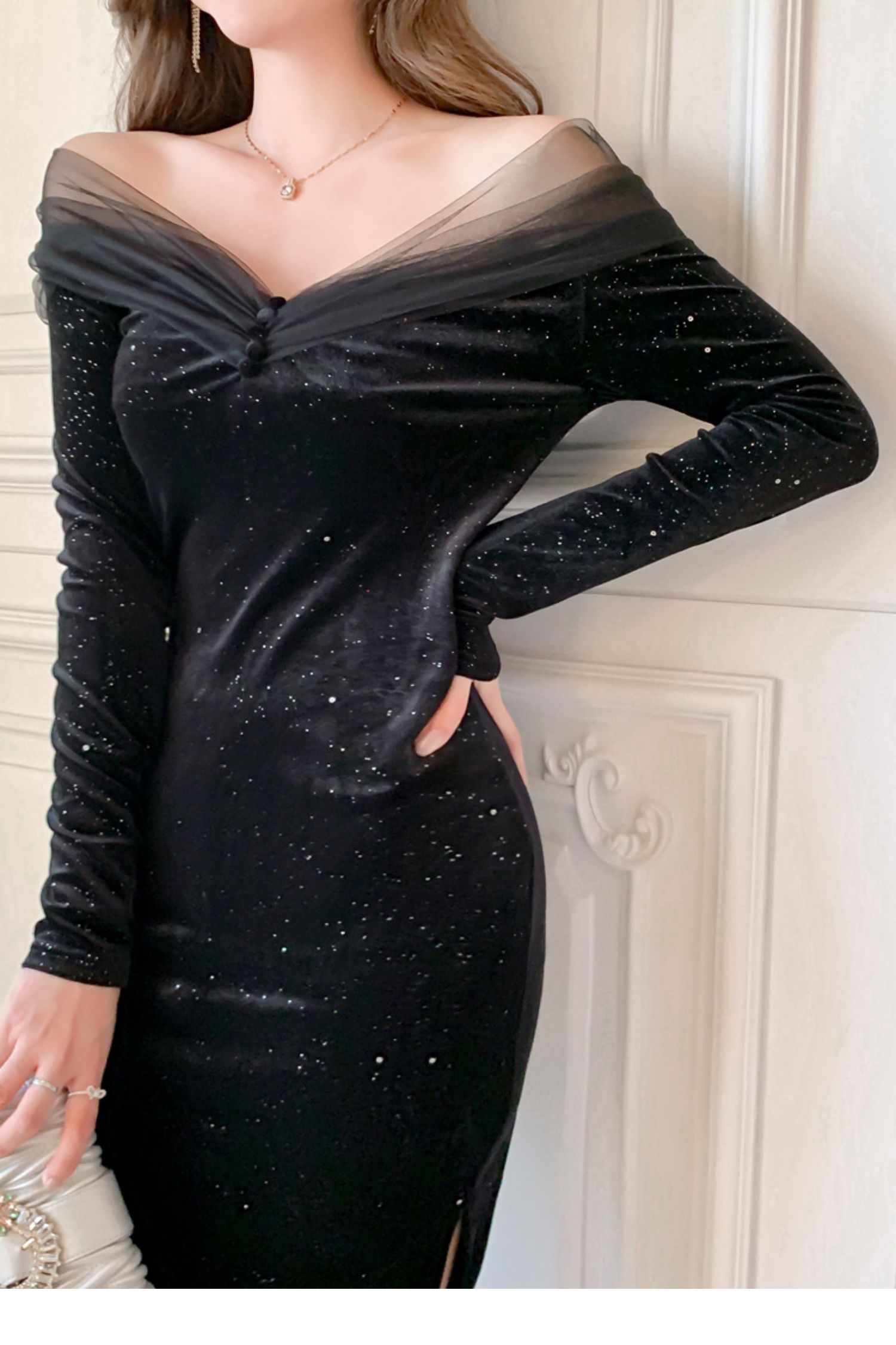 オフショルダーシアーコンビラメベロアペンシルワンピース