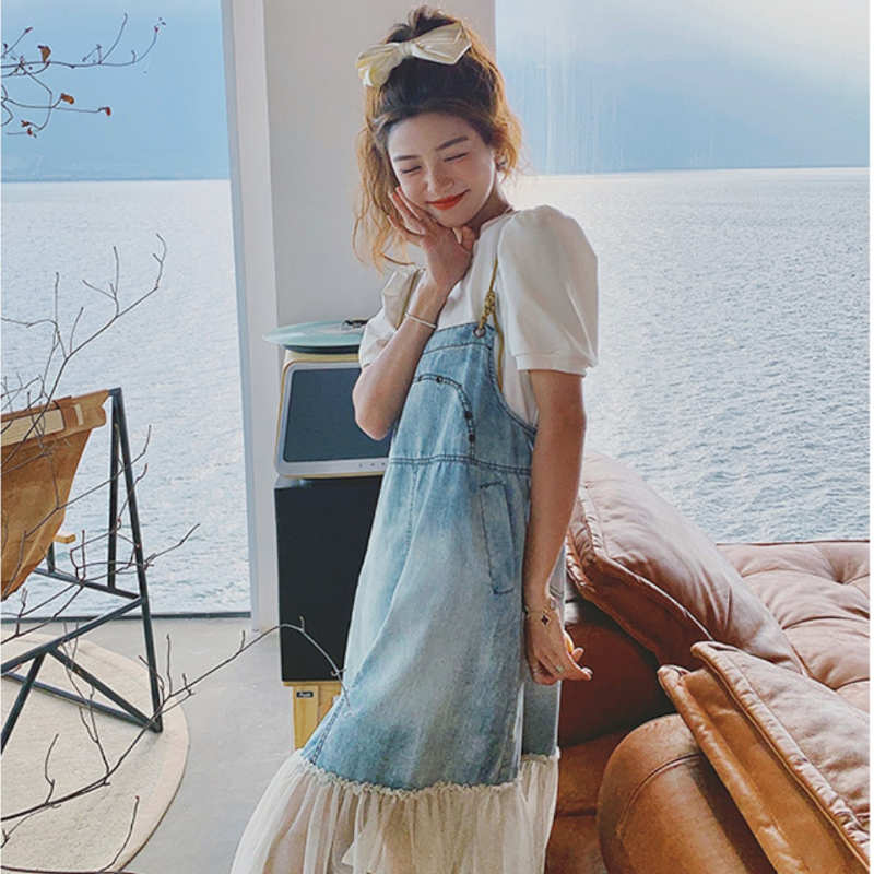 シアーフリルヘムデニムサロペットワンピース