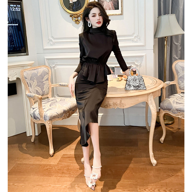 ハイネックペプラムトップ×アシンメトリースカート(2colors)