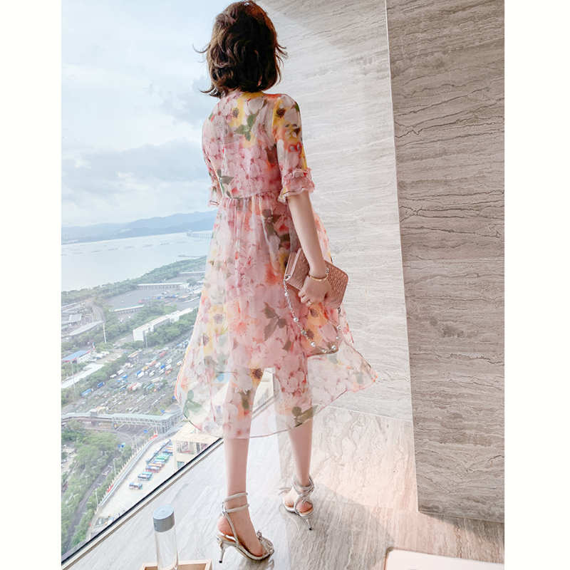 キャミワンピース×レースドッキング花柄シアーフレアワンピース