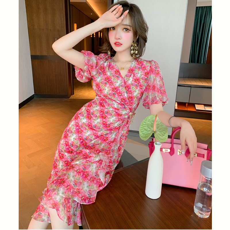 ランタンスリーブ花柄カシュクールマーメイドワンピース