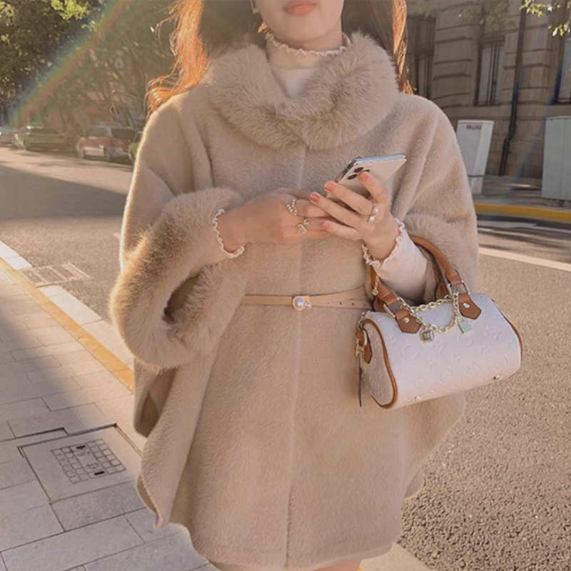 ベルト付きファーカラーボアポンチョコート(3colors)