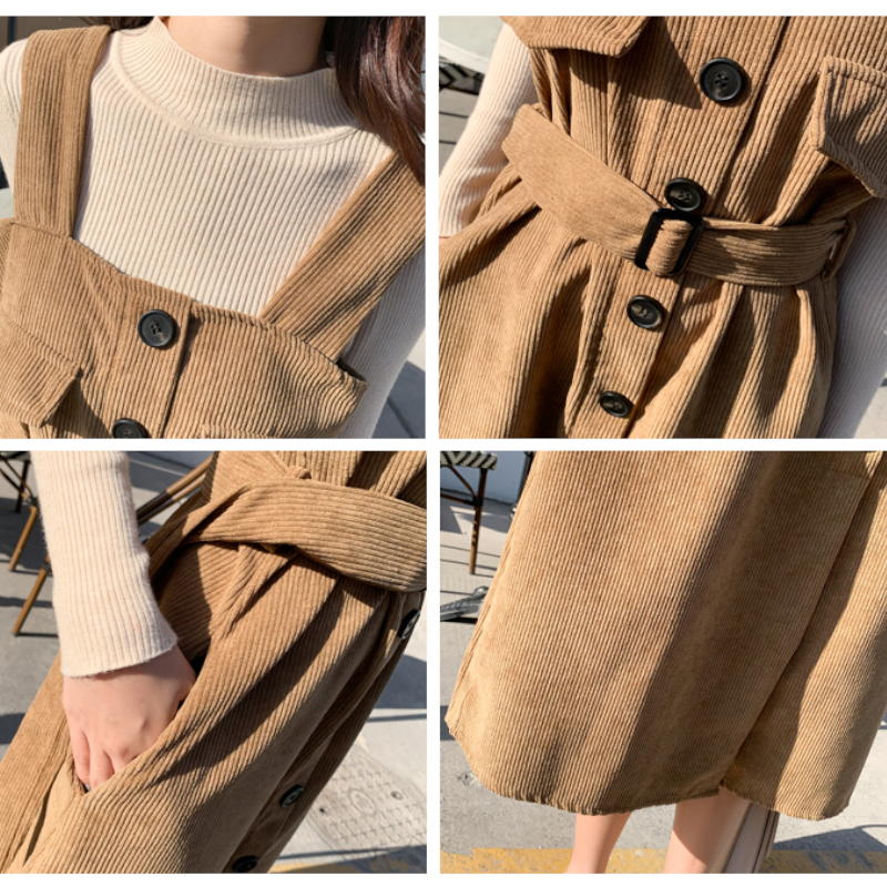 ボトルネックリブニット×コーデュロイサロペットワンピース(2colors)