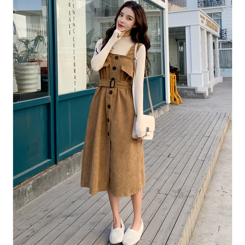 ボトルネックリブニット×コーデュロイサロペットワンピース(2colors)