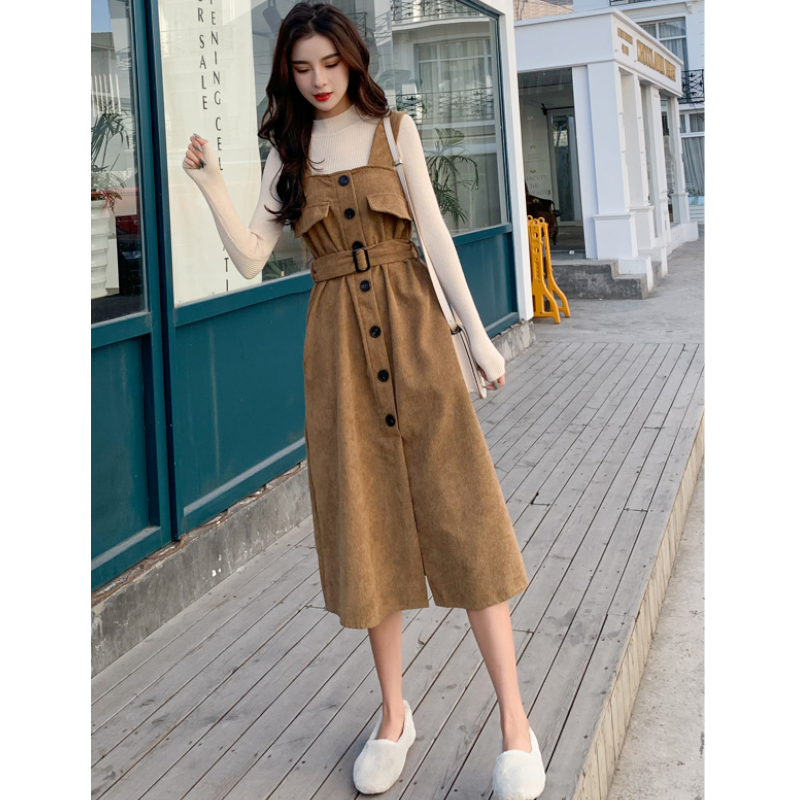 ボトルネックリブニット×コーデュロイサロペットワンピース(2colors)