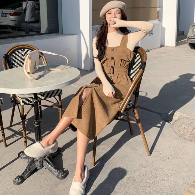 ボトルネックリブニット×コーデュロイサロペットワンピース(2colors)