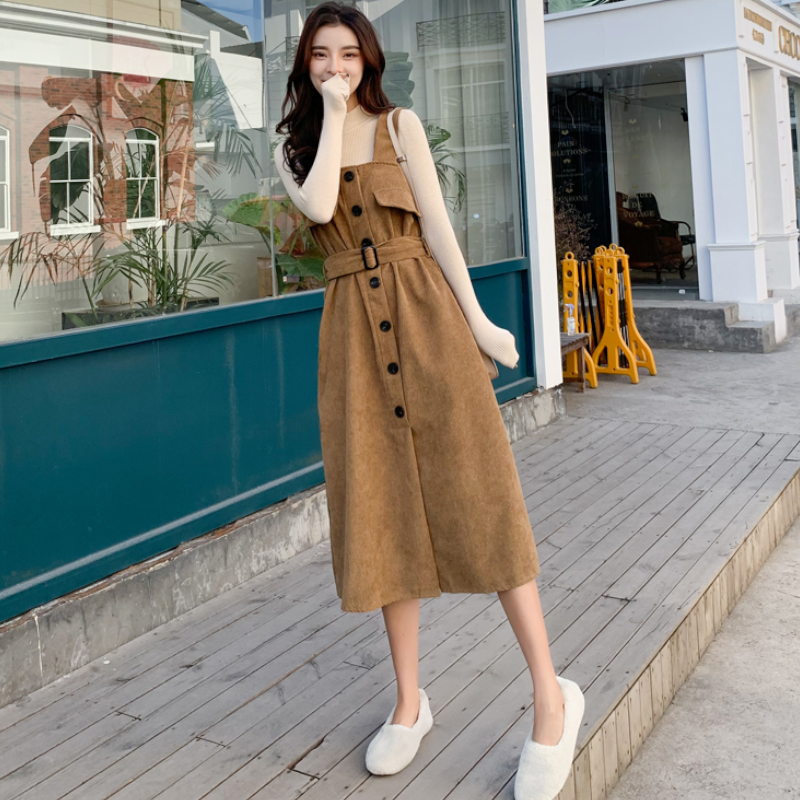 ボトルネックリブニット×コーデュロイサロペットワンピース(2colors)